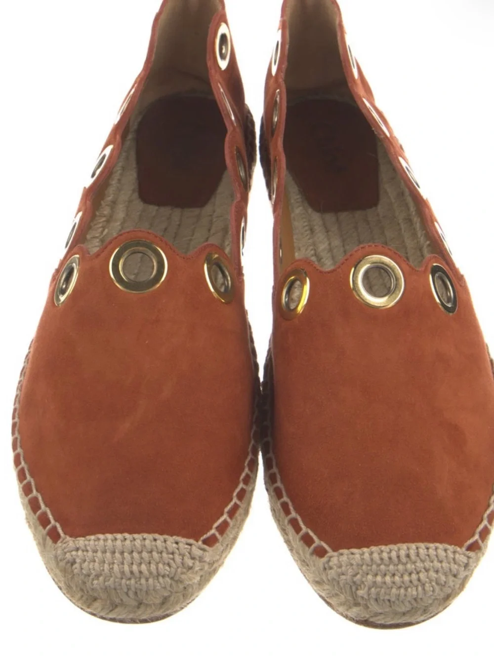 Chloe Rust Suede Scalloped Espadrille with Gold Eyelets